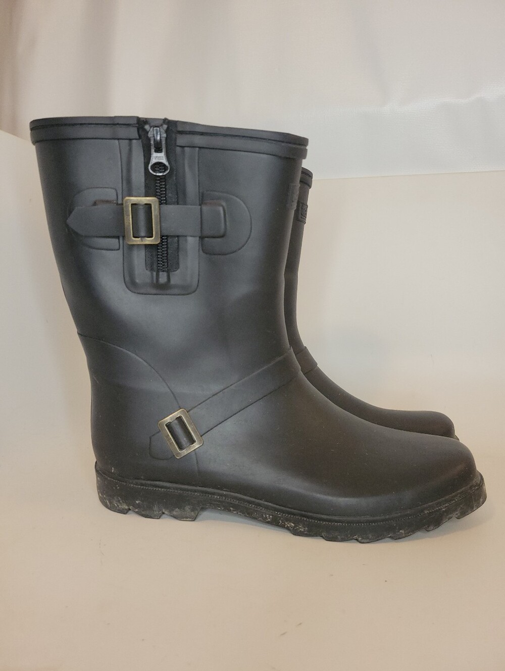 Totes Black Mid-Calf Rubber Rain Boots with Buckle Details